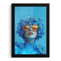 Vrouw - Bloem - Blauw - Modern - Bril - Portret fotolijst zwart zonder passe partout klein -3d