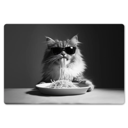 Langharige kat - Zonnebril - Spaghetti - Humor - Zwart - wit Placemat vinyl groot -zzsfeer1_Kitchenyeah-website