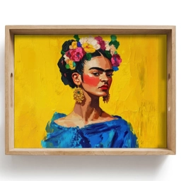 Frida Kahlo - Vrouw - Geel - Blauw - Bloemen Dienblad Rechthoek middel -z3d_shopping
