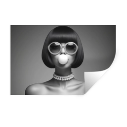 Vrouw - Zwart Wit - Ketting - Zonnebril Muursticker klein -3d