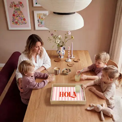 Hola - Quote - Strepen - Pastel - Roze - Rood - Wit Dienblad Rechthoek middel -sfeer4