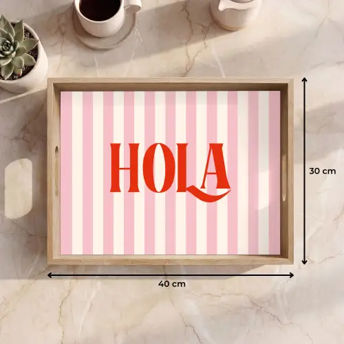 Hola - Quote - Strepen - Pastel - Roze - Rood - Wit Dienblad Rechthoek middel -USP_Formaat