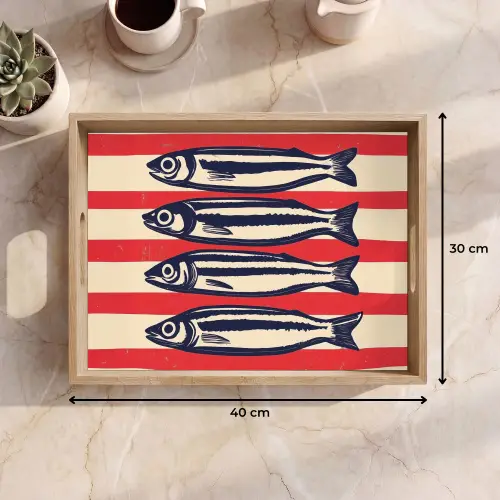 Sardines - Rood en beige strepen Dienblad Rechthoek middel -USP_Formaat