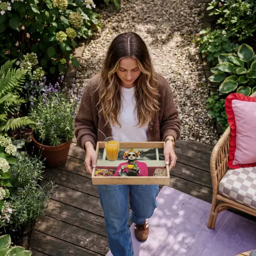 Vrouw - Kat - Bloemen - Kopje - Retro Dienblad Rechthoek middel -sfeer5