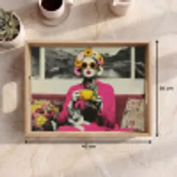 Vrouw - Kat - Bloemen - Kopje - Retro Dienblad Rechthoek middel -USP_Formaat
