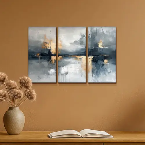 Abstract - Grijs - Goud - Modern Canvas - Meerluiken 3 luik klein -sfeer5