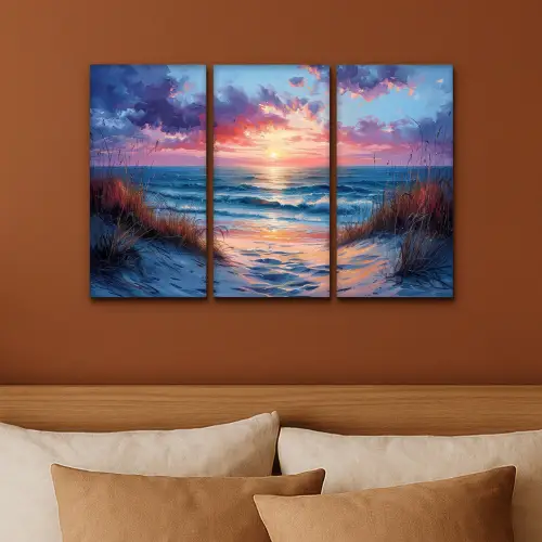 Strand - Blauw - Verf - Paars Canvas - Meerluiken 3 luik klein -sfeer2