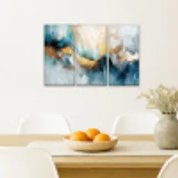 Blauw - Abstract - Wit - Goud - Verf Canvas - Meerluiken 3 luik klein -sfeer4