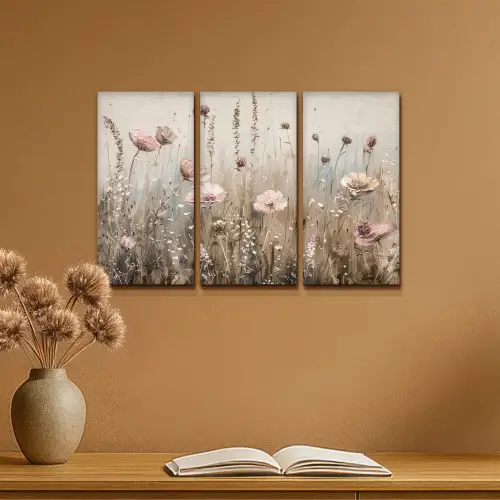 Bloemen - Beige - Modern - Roze Canvas - Meerluiken 3 luik klein -sfeer5