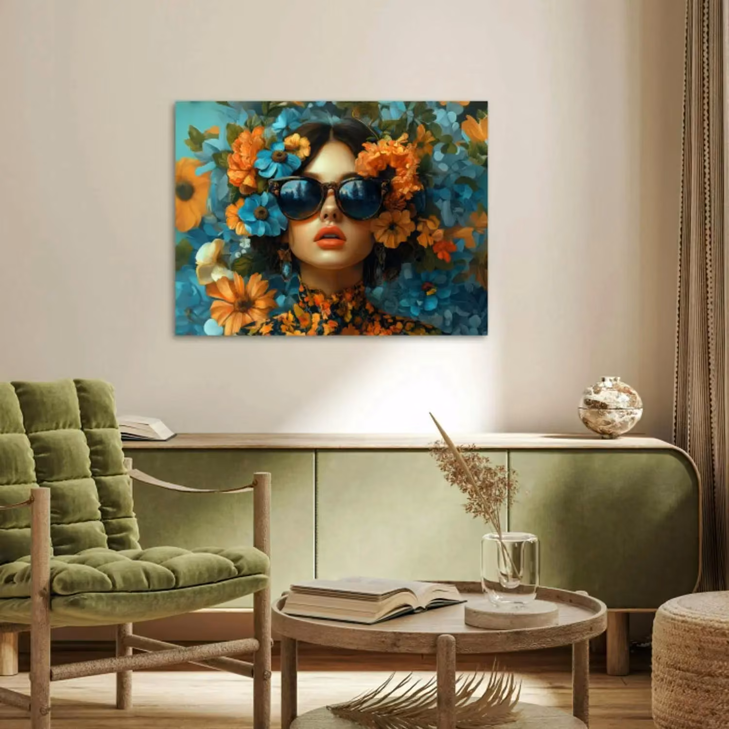 Poster – Vrouw - Bloemen - Oranje - Blauw - Modern