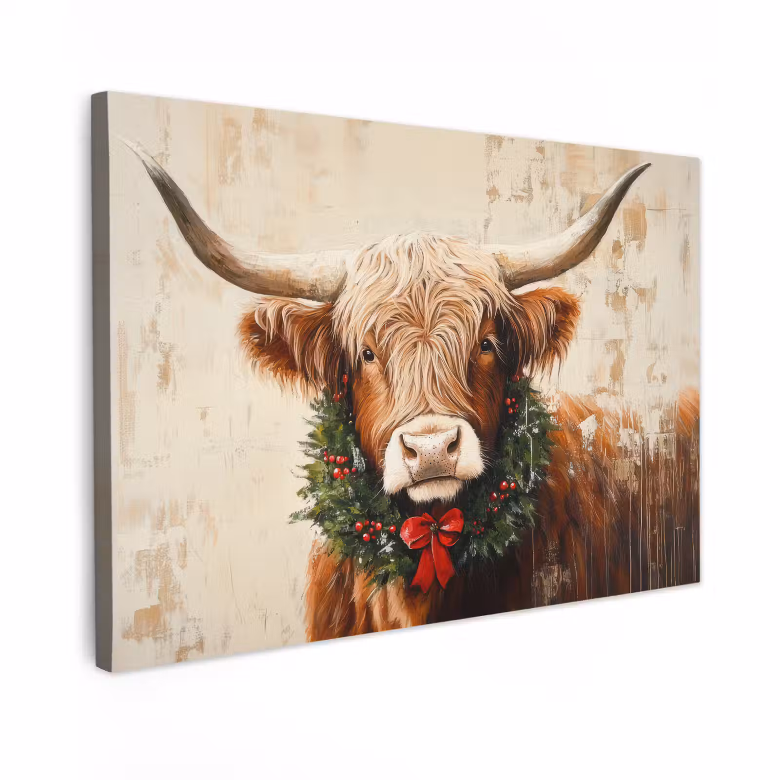 Canvas Print - Christmas - Scottish Highlander - Brown - Wreath — 1