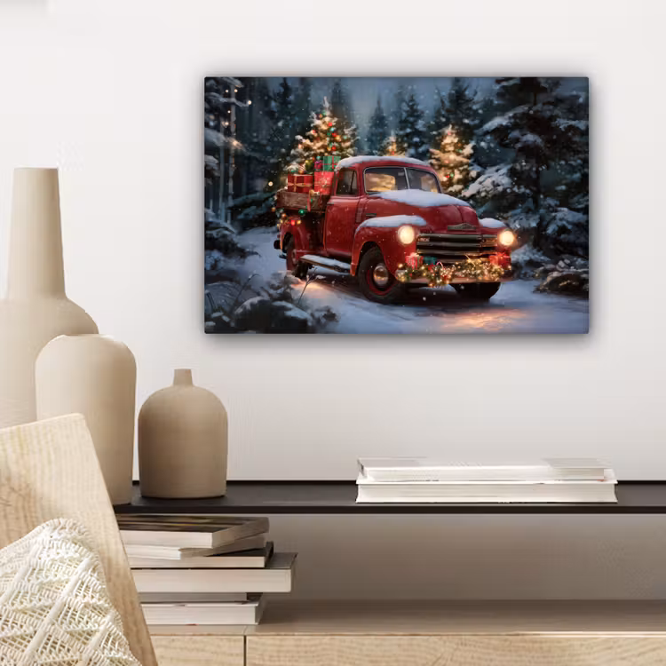 Canvas Print - Christmas truck - Snow forest - Red — 5