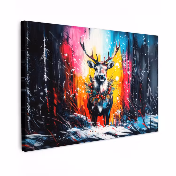 Canvas Print - Reindeer - Antlers - Wreath - Colorful — 1