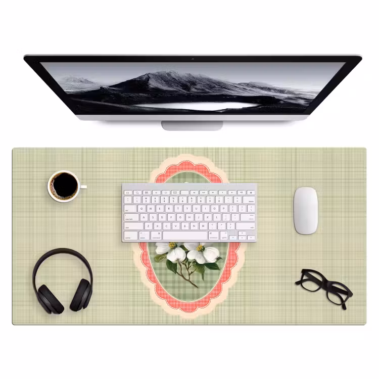Desk Mat - Flowers - Illustration - Checkered - Green — 3