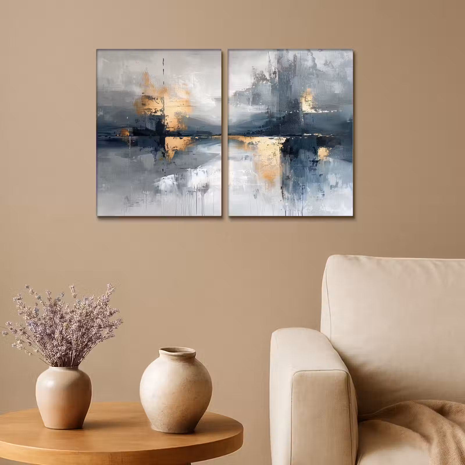 Diptych Canvas Print - Abstract - Gray - Gold - Modern — 1
