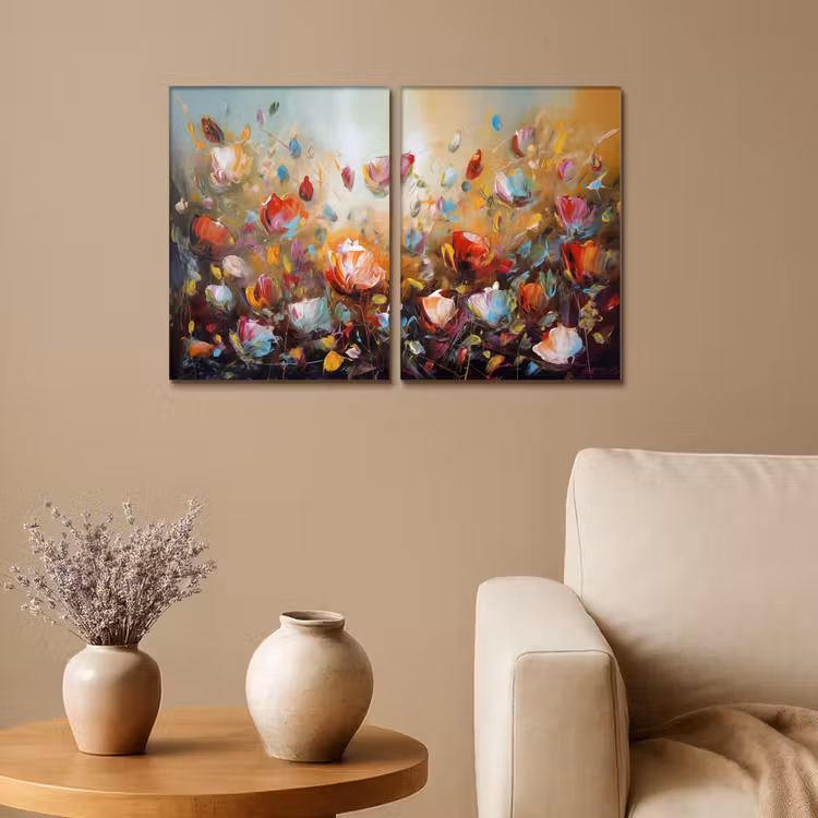 Diptych Canvas Print - Flowers - Abstract - Paint look - Colorful — 1