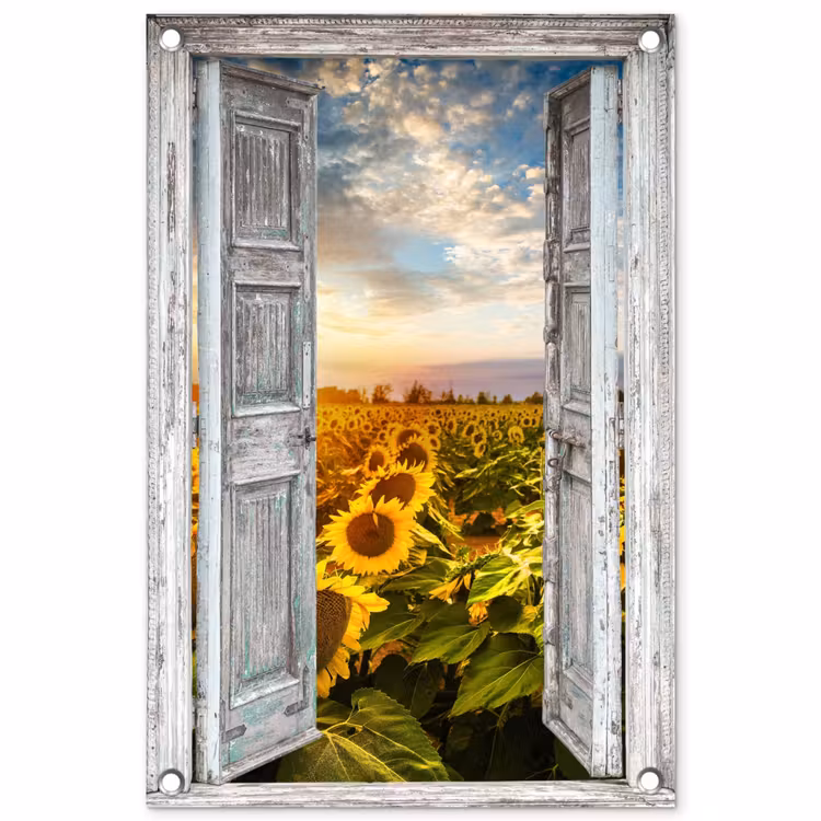 Garden Poster - Old doors to sunflower field — 1