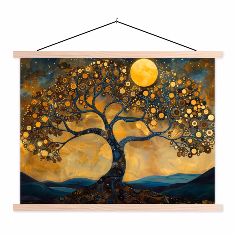 Hanging Poster - Tree - Moon - Flowers - Gold - Art — 1