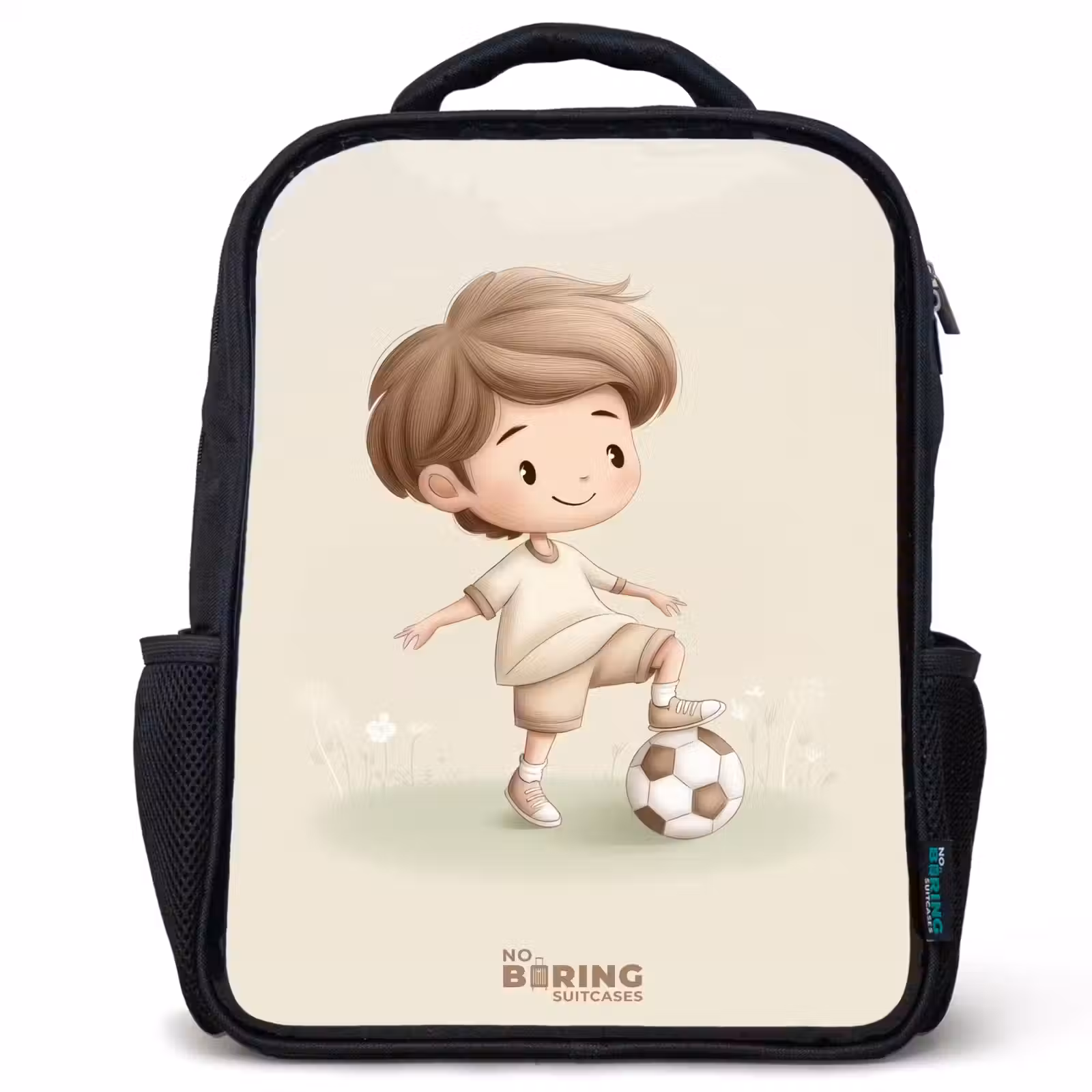Kids' Backpacks with name Black -. Boy with a soccer ball in brown shades — 1