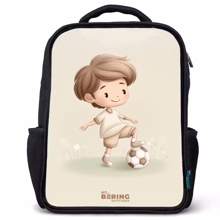 Kids' Backpacks with name Black -. Boy with a soccer ball in brown shades — 1