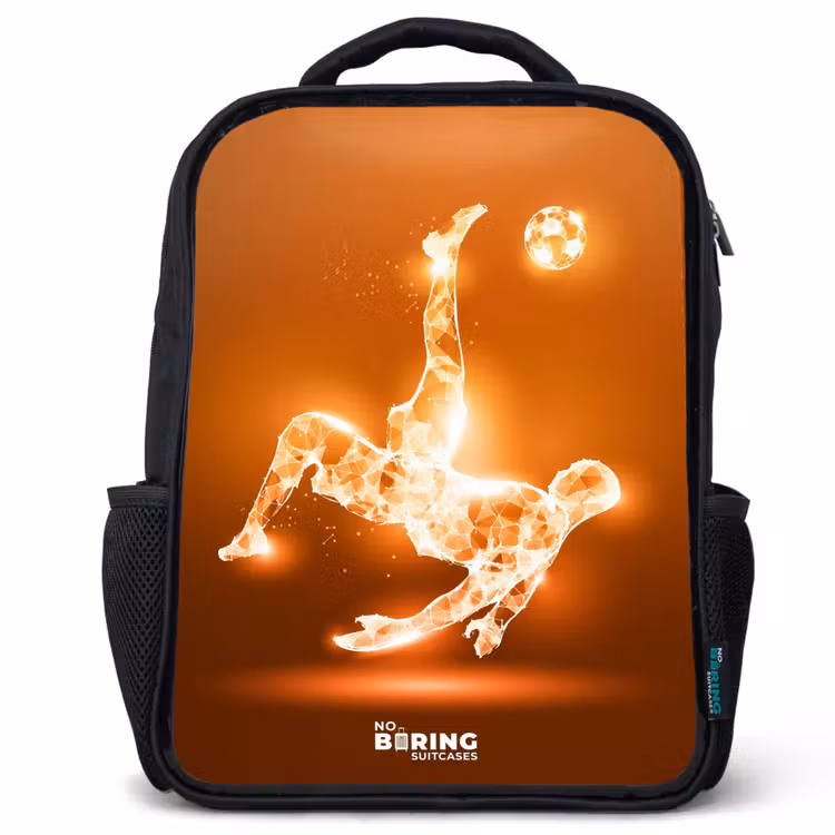 Kids' Backpacks with name Black -. Orange light soccer player in floating moment — 1