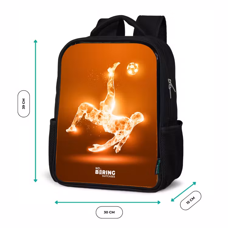 Kids' Backpacks with name Black -. Orange light soccer player in floating moment — 2
