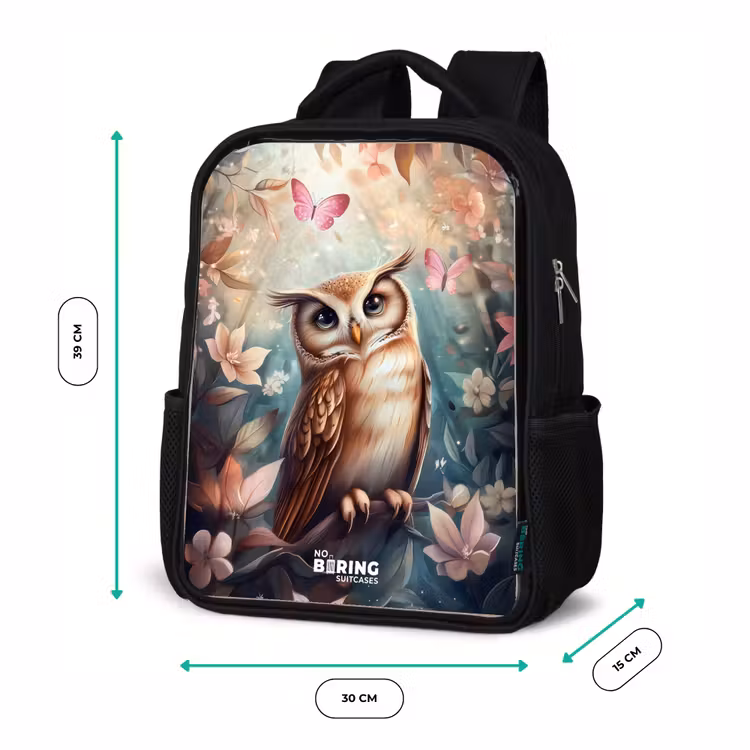 Kids' Backpacks with name Black -. Owl with butterflies in mystical forest — 2
