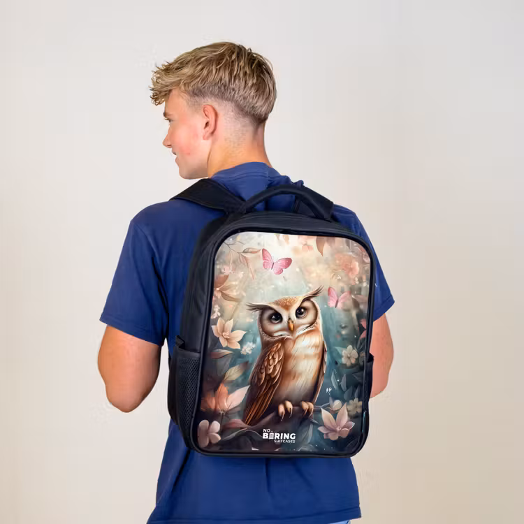 Kids' Backpacks with name Black -. Owl with butterflies in mystical forest — 3