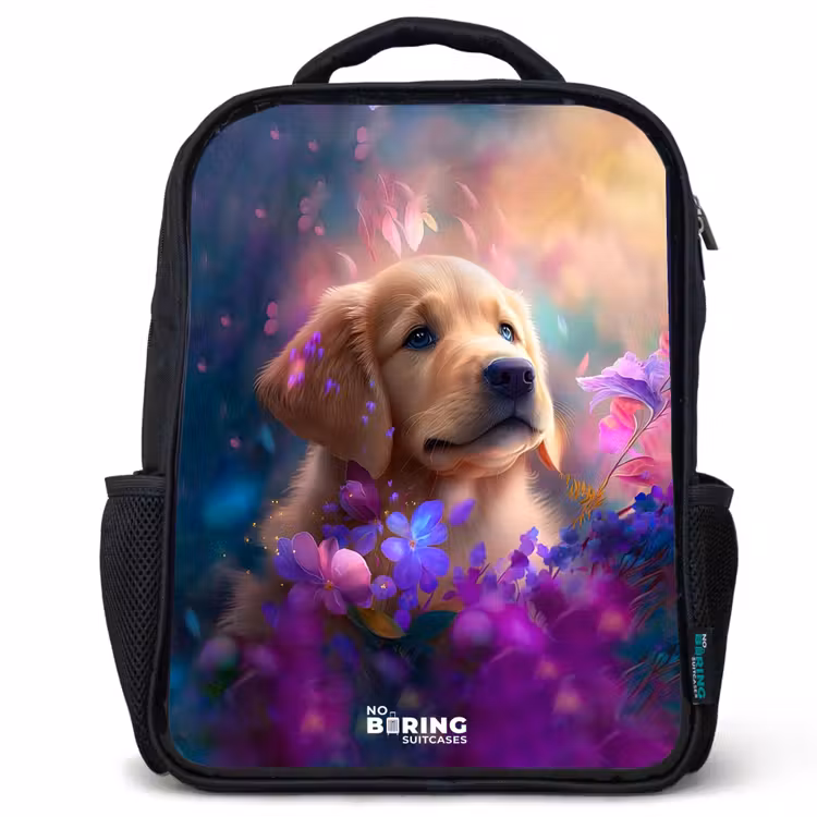 Kids' Backpacks with name Black -. Young dog among brightly colored flowers — 1