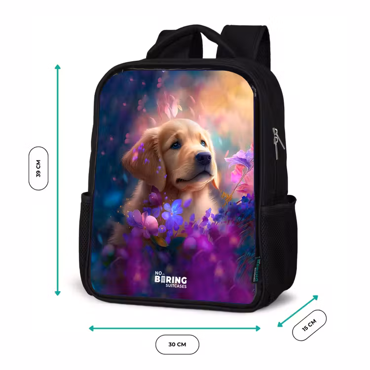 Kids' Backpacks with name Black -. Young dog among brightly colored flowers — 2