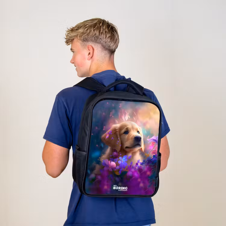 Kids' Backpacks with name Black -. Young dog among brightly colored flowers — 3
