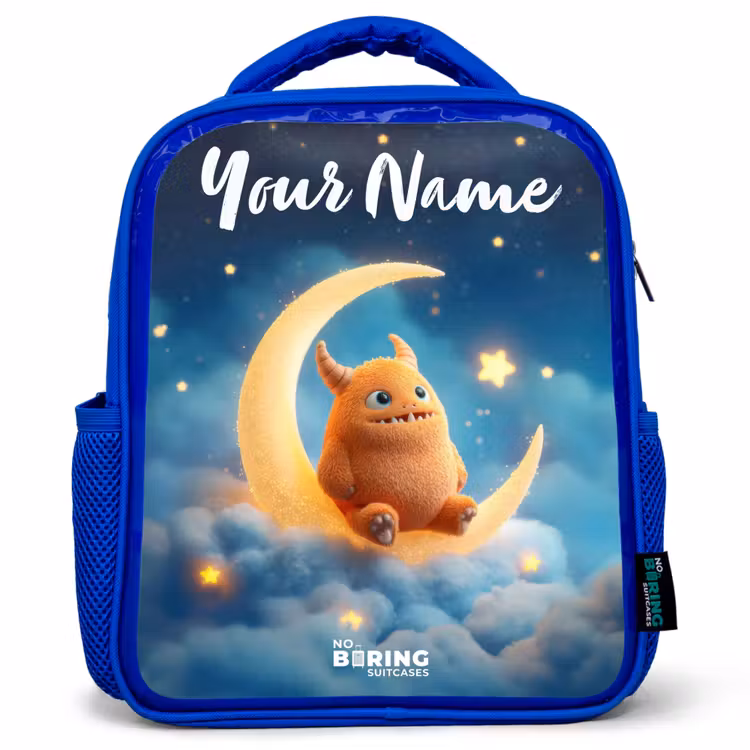 Kids' Backpacks with name Blue -. Orange monster on crescent moon β 1