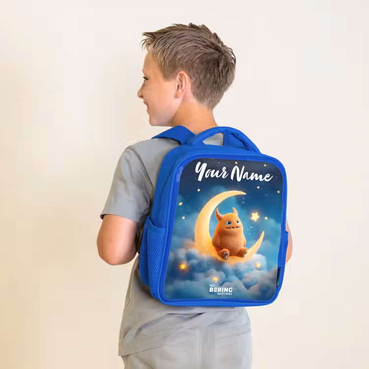 Kids' Backpacks with name Blue -. Orange monster on crescent moon β 2