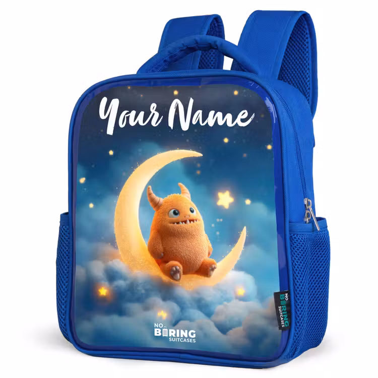 Kids' Backpacks with name Blue -. Orange monster on crescent moon β 4