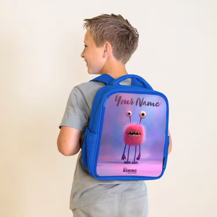 Kids' Backpacks with name Blue -. Pink furry monster with big eyes — 2