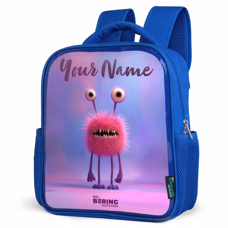 Kids' Backpacks with name Blue -. Pink furry monster with big eyes — 4