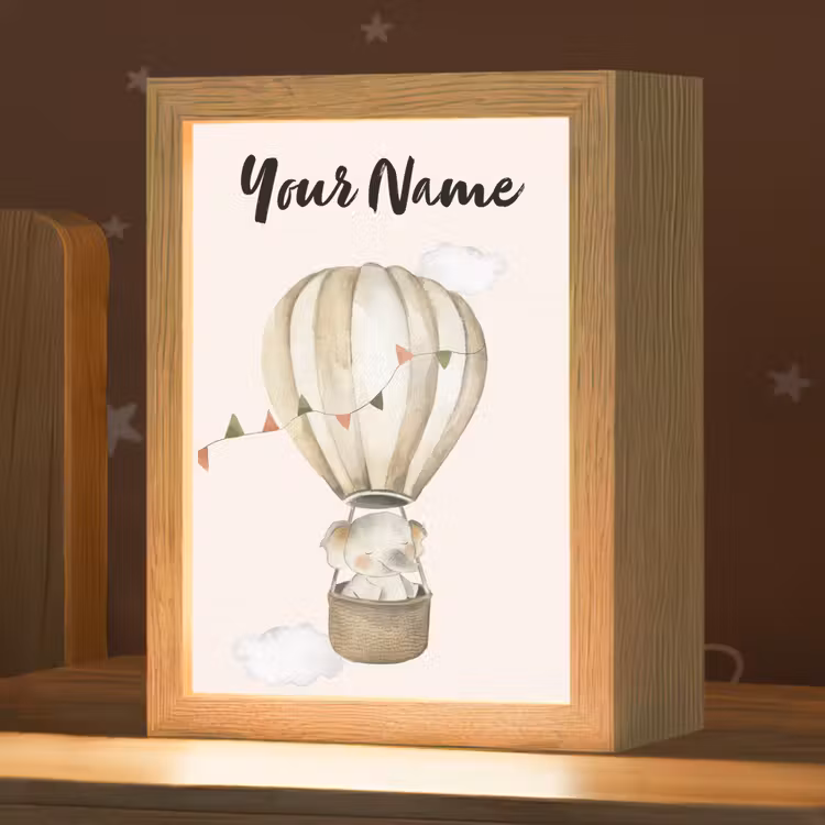 Kids' Night Light with name - Hot air balloon - Elephant - Watercolor - Beige - Animals — 1