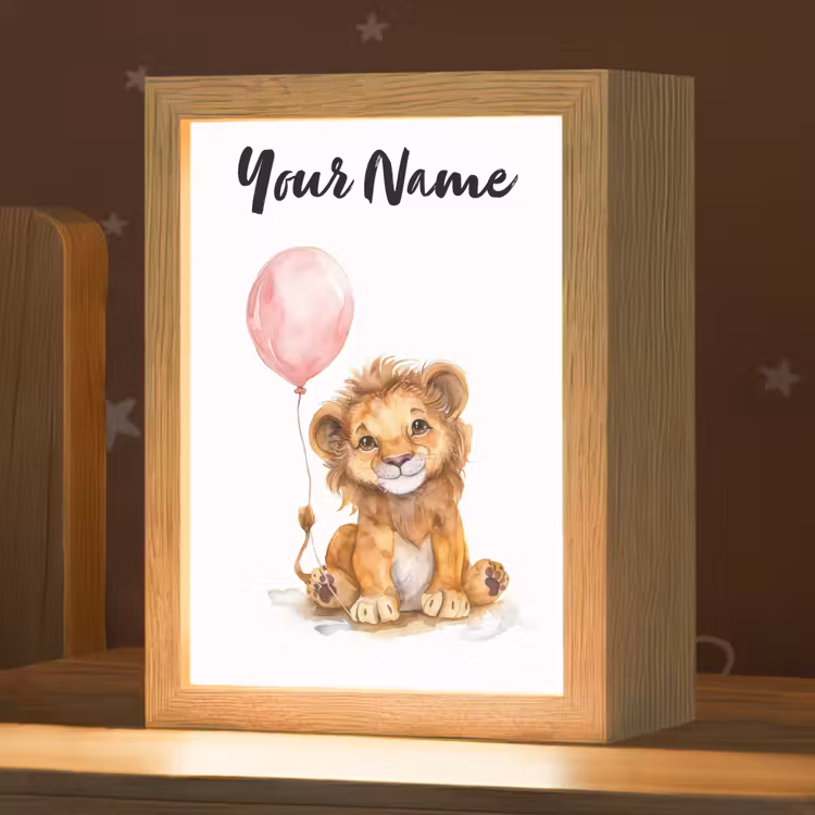 Kids' Night Light with name - Lion - Baby animal - Animals - Pink balloon — 1