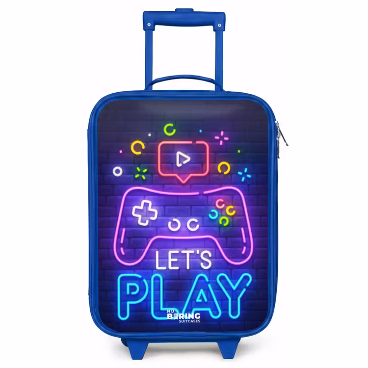 Kids’ Suitcase - Blue - Neon controller against a brick wall — 1