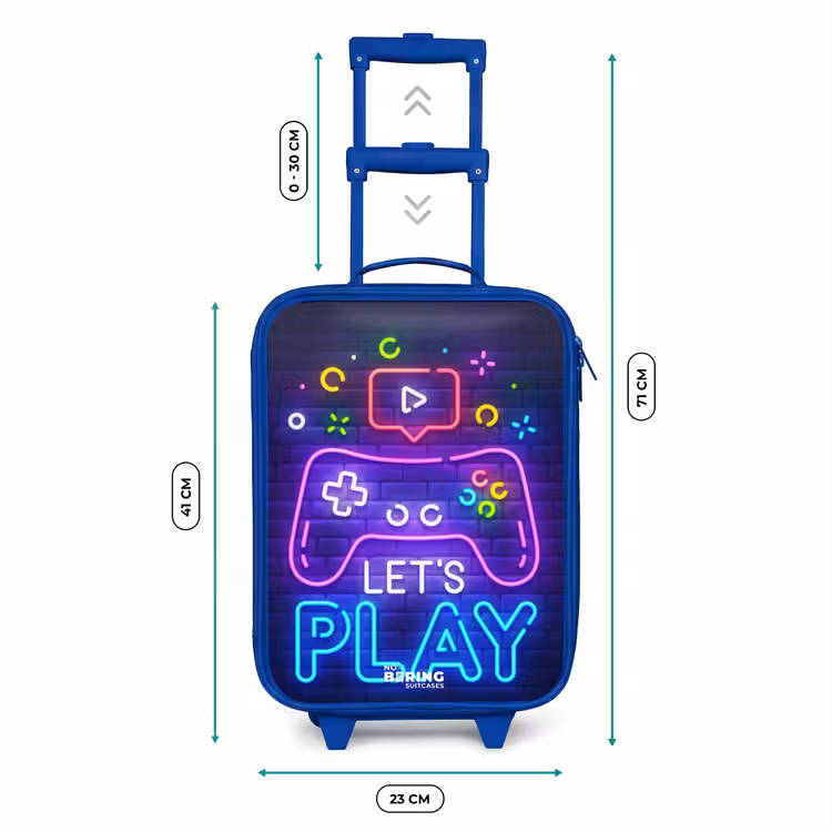 Kids’ Suitcase - Blue - Neon controller against a brick wall — 6
