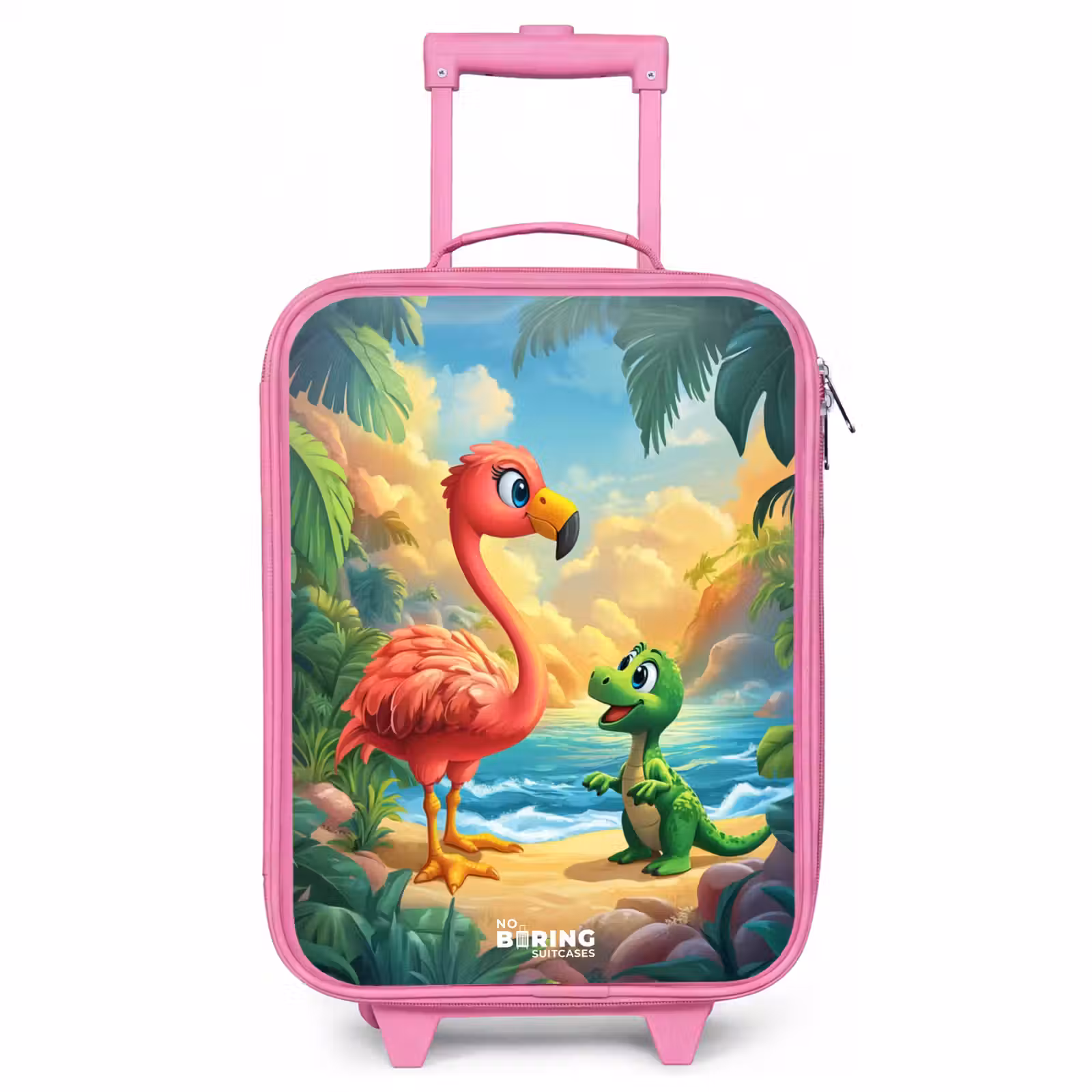 Kids’ Suitcase - Pink - Flamingo and dinosaur on beach at sunset — 1