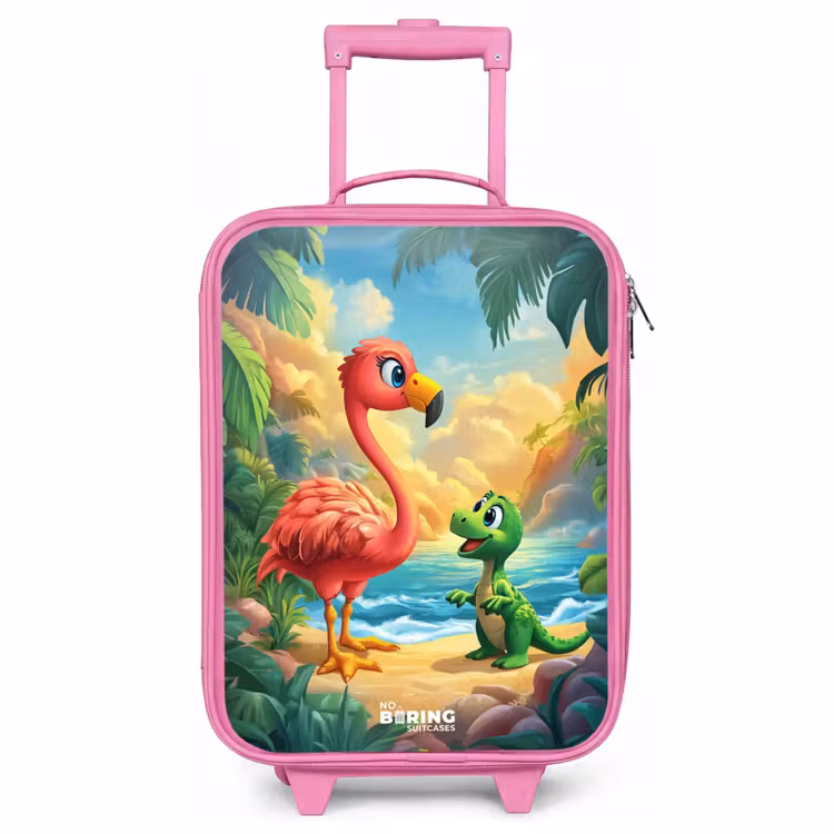 Kids’ Suitcase - Pink - Flamingo and dinosaur on beach at sunset — 1