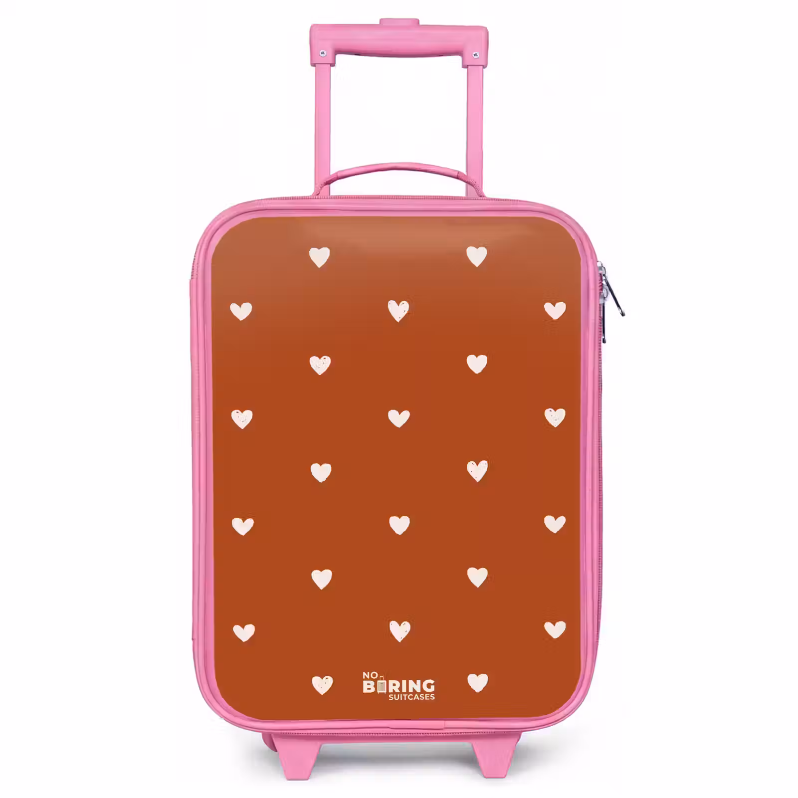 Kids’ Suitcase - Pink - White heart pattern on orange brown background — 1