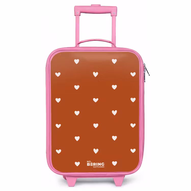 Kids’ Suitcase - Pink - White heart pattern on orange brown background — 1