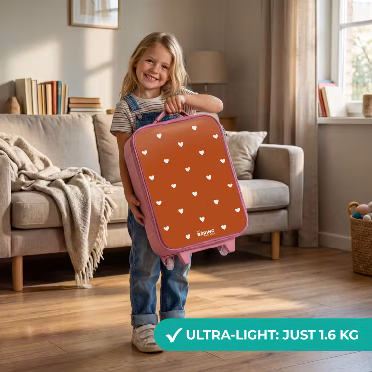 Kids’ Suitcase - Pink - White heart pattern on orange brown background — 2