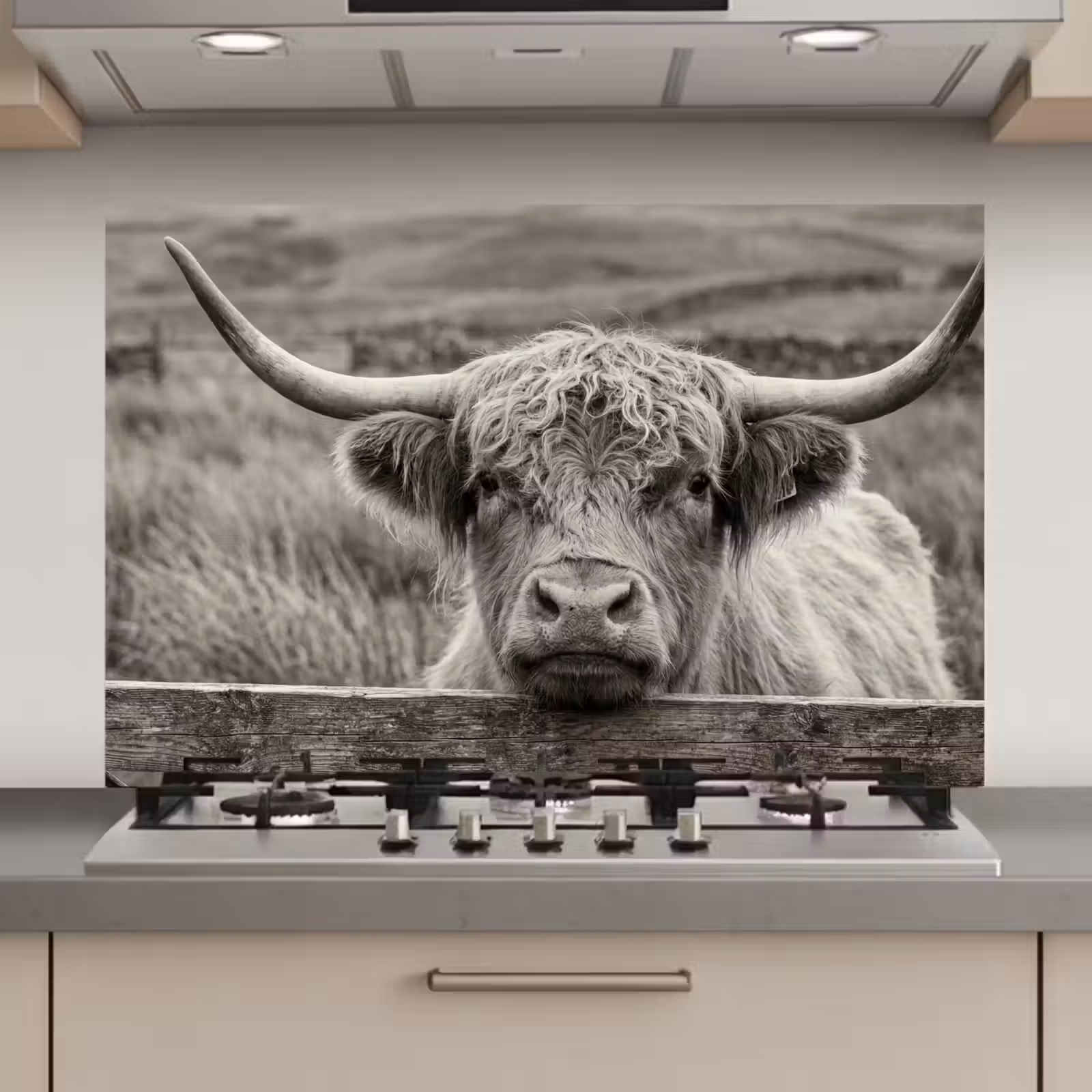 Kitchen Splashback - Scottish Highlander - Black - White - Wood — 1