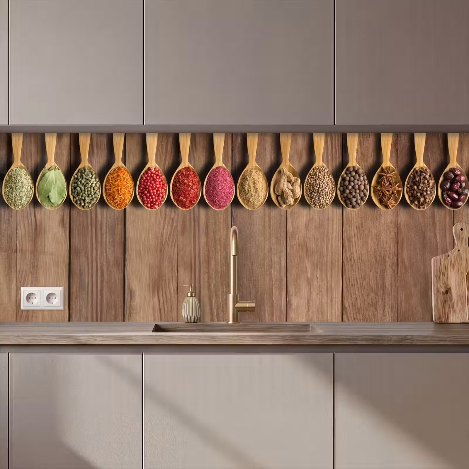 Kitchen Wall Splashback - Spoons - Herbs - Wood — 1