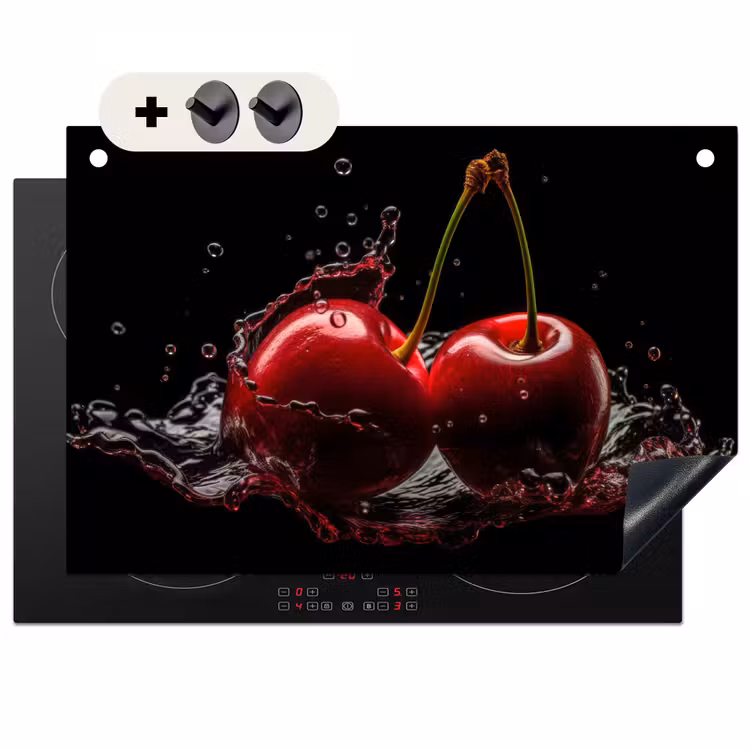 Induction Hob Cover & Splashback (2-in-1) - Cherry - Red - Fruit - Water - Black — 1