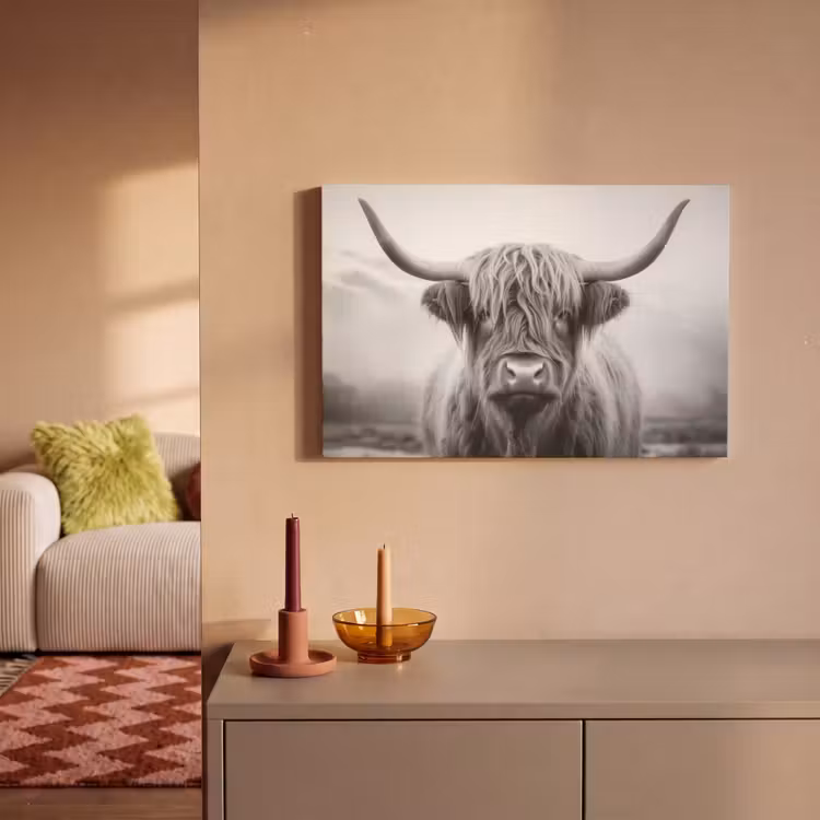 Canvas Print - Scottish highlander - Fog - Black - White — 2