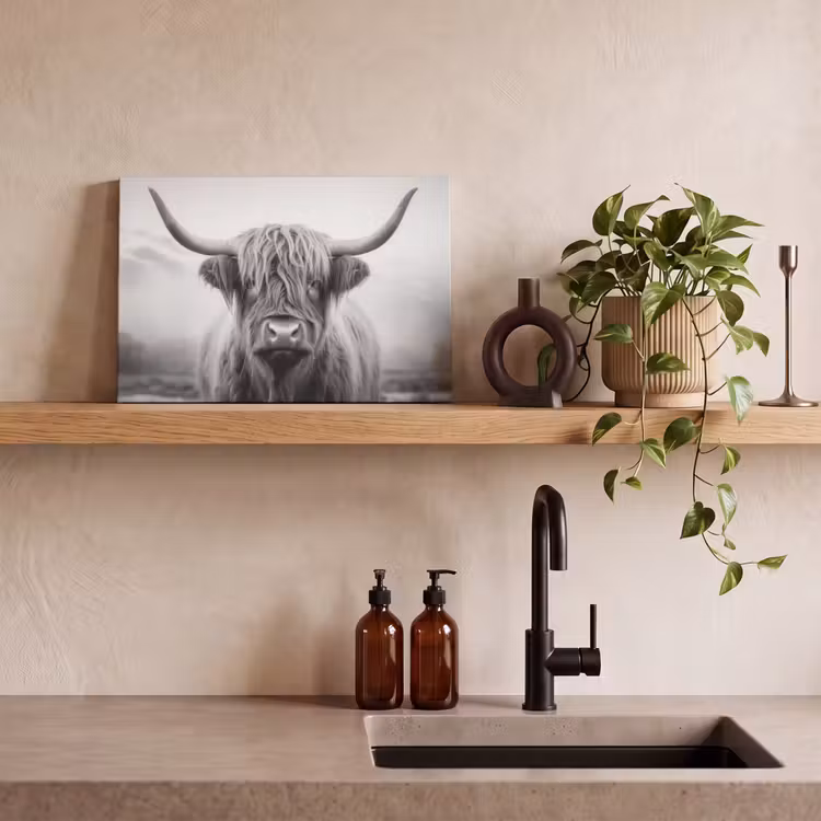 Canvas Print - Scottish highlander - Fog - Black - White — 3